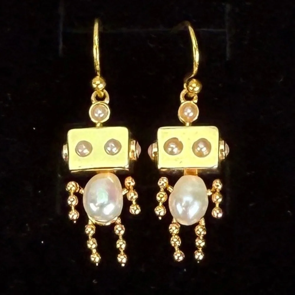 Goldtone Faux Pearl Robot Pierced Earrings